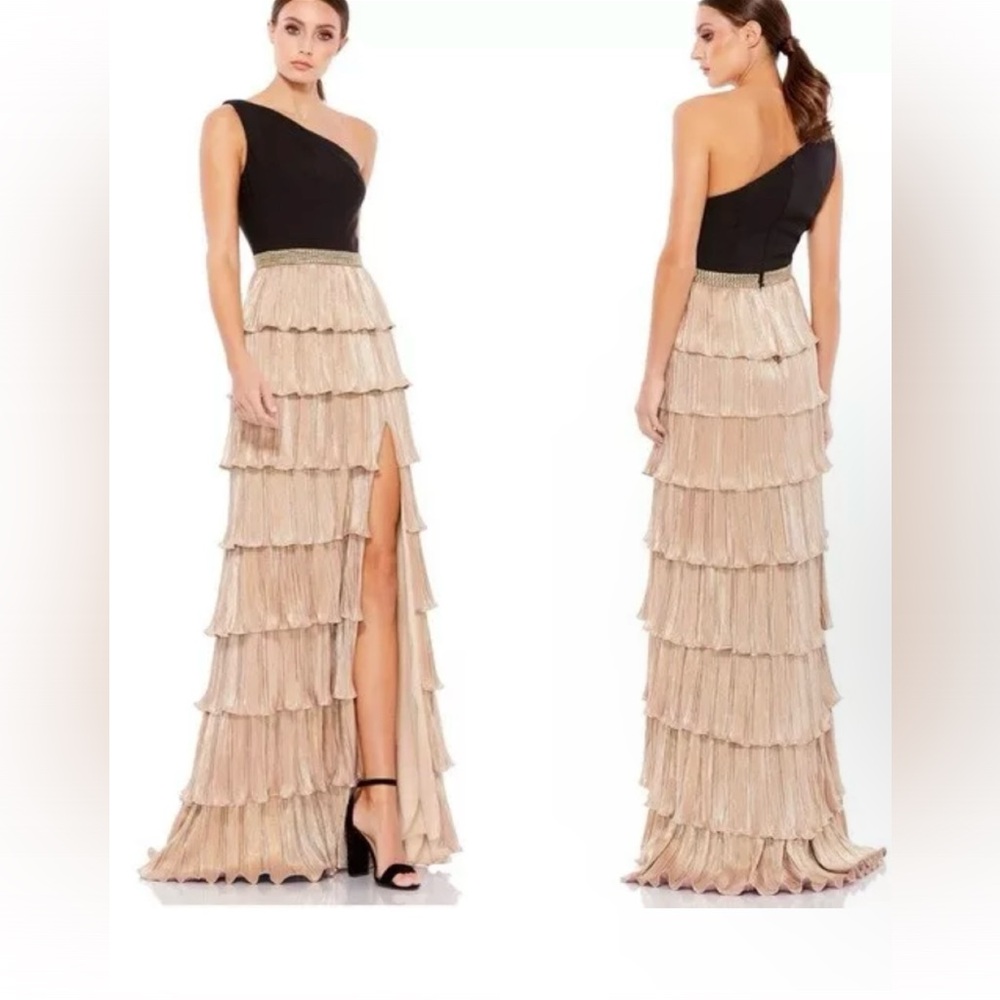 Mac Dugal black gold tiered gown
